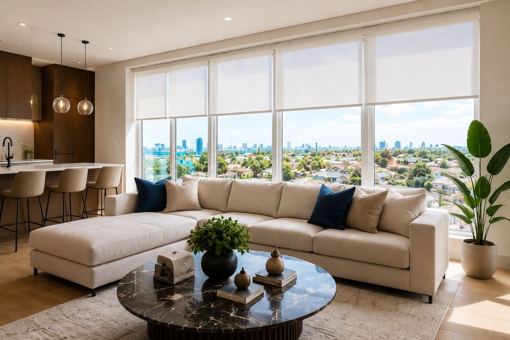 Cassette roller shades in Miami great room